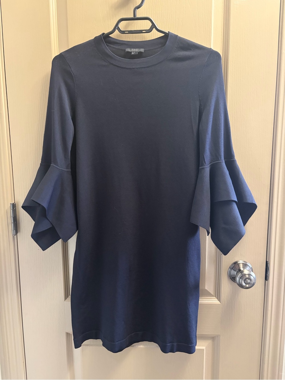 COS Navy Scuba Knit Shift Dress Ruffle Bell Sleeves